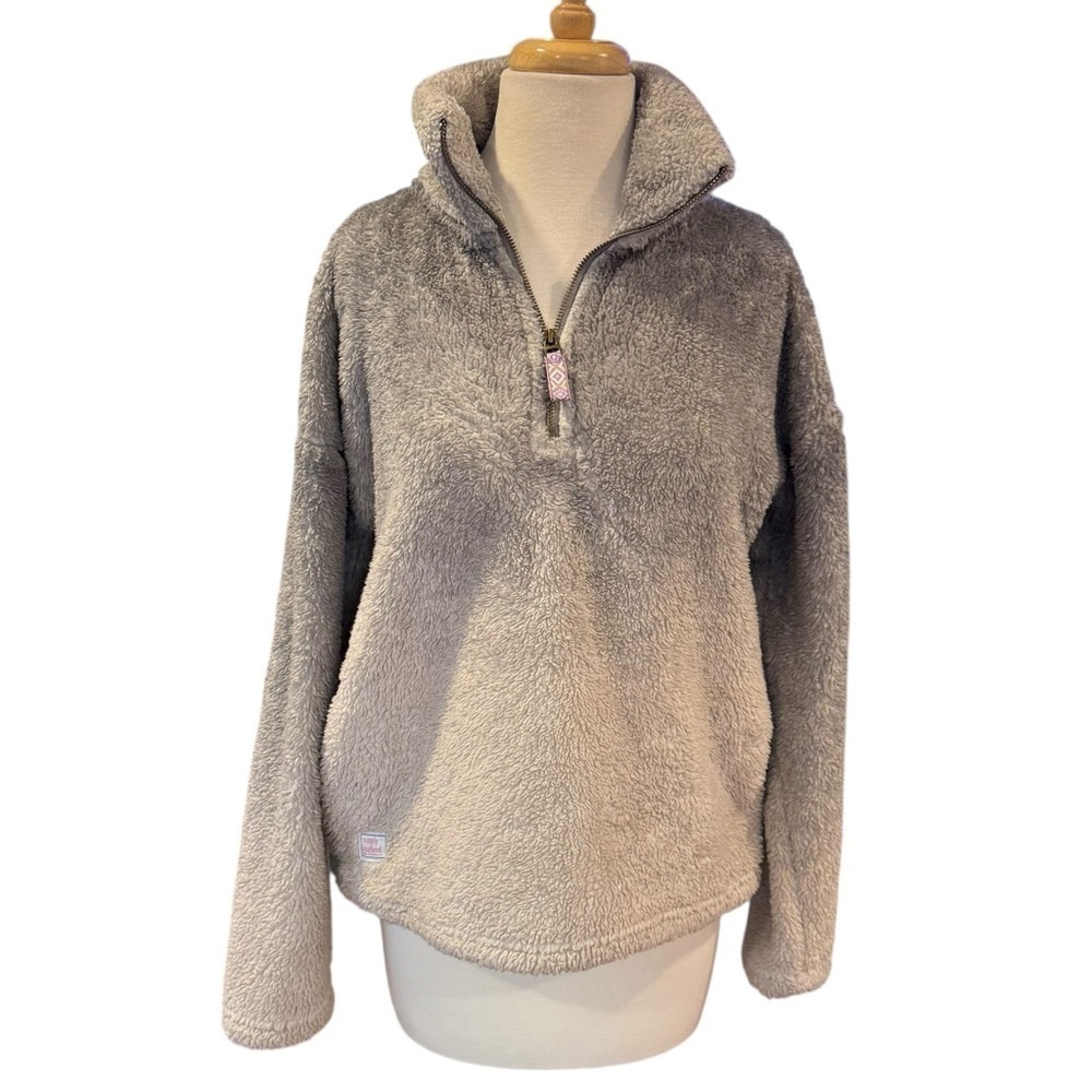 Simply Southern Sherpa Fleece Quarter Zip Pullover Ombre Gray Beige Large